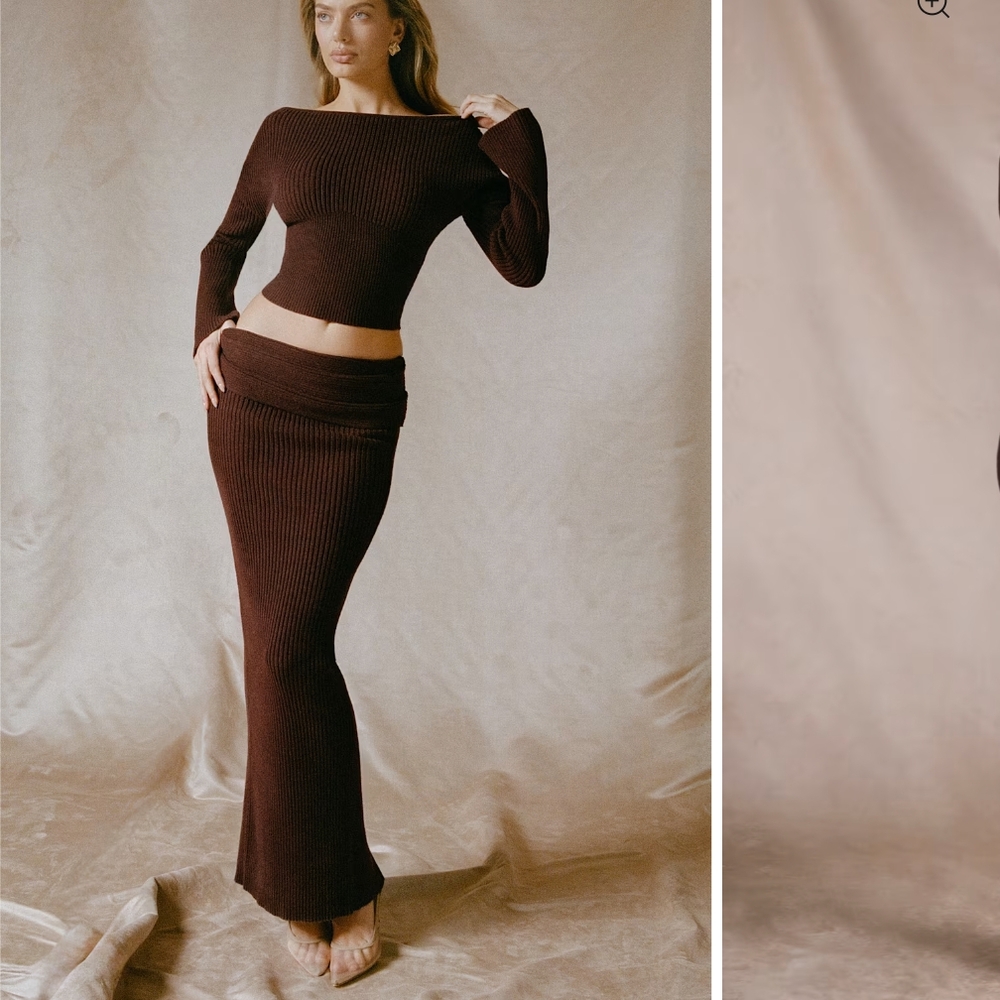 Brown Ribbed Knit Two-Piece Set